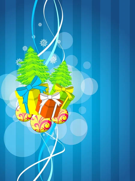 Frohe Weihnachten mit Baum, Geschenk und geschmückten Kugeln — Stockvektor