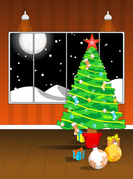 Camera concetto di sfondo con albero decorato, palla e regali — Vettoriale Stock