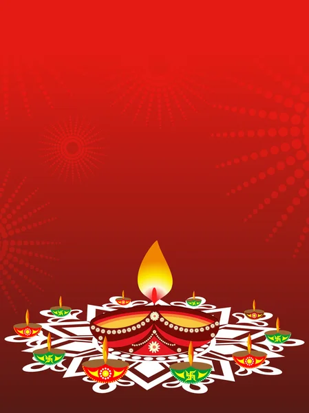 Rangoli decorado com diyas iluminado na celebração diwali —  Vetores de Stock