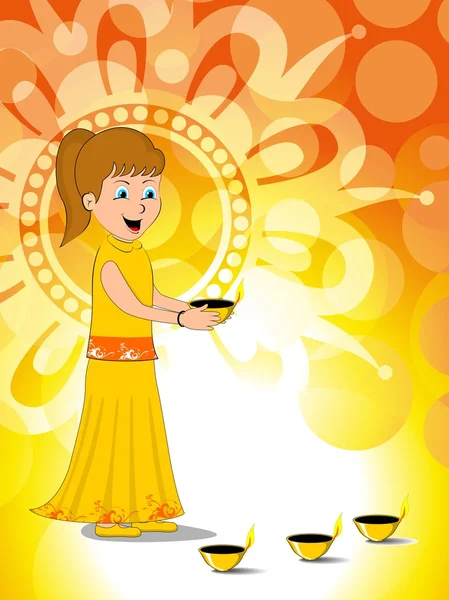 Девушка держит горящий вектор концепции diya для deepawali — стоковый вектор