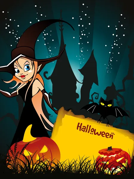 Halloween uitnodiging kaart met heks, pompoen & uil — Stockvector