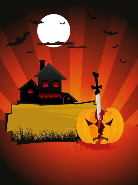 Carte d'Halloween avec citrouille. maison — Image vectorielle