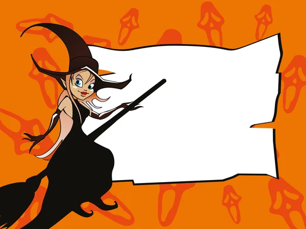 Banner de Halloween com bruxa em sua vassoura voadora — Vetor de Stock
