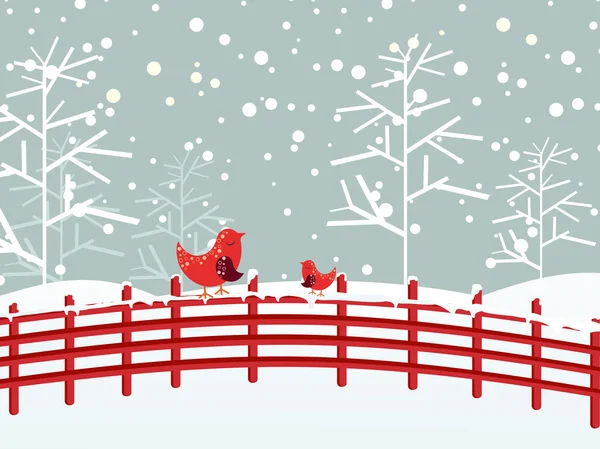 Vögel sitzen auf Zaun mit Schneefall Hintergrund — Stockvektor