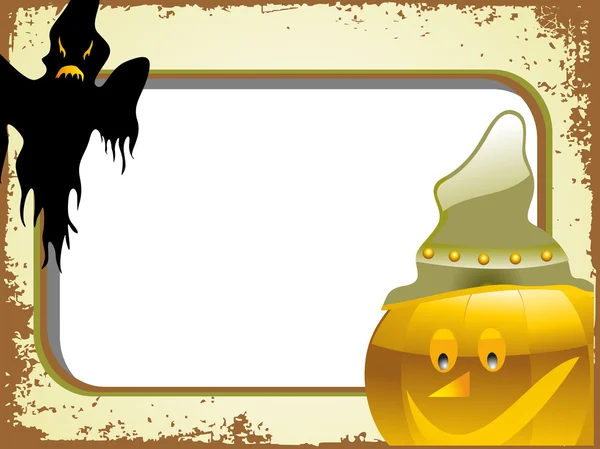 stock vector grungy halloween banner with witch & pumpkin