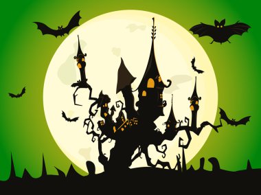 background with haunted house and flying bat clipart