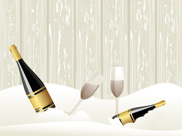Ice bakgrund med champagne flaskan, glasögon — Stock vektor