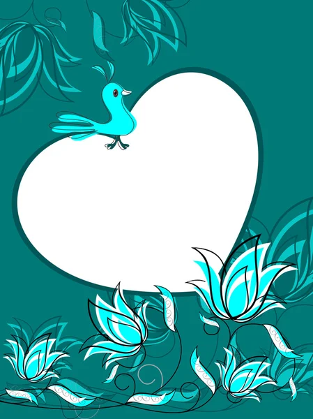Fundo floral com pássaro sentado no coração — Vetor de Stock