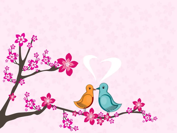 Ame pássaros que se sentam no galho da árvore com fundo da flor — Vetor de Stock