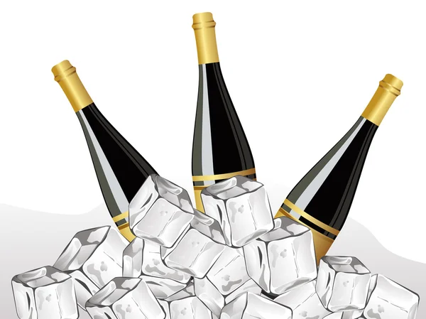 Набор из трех бутылок шампанского, кубик льда на новый год — стоковый вектор