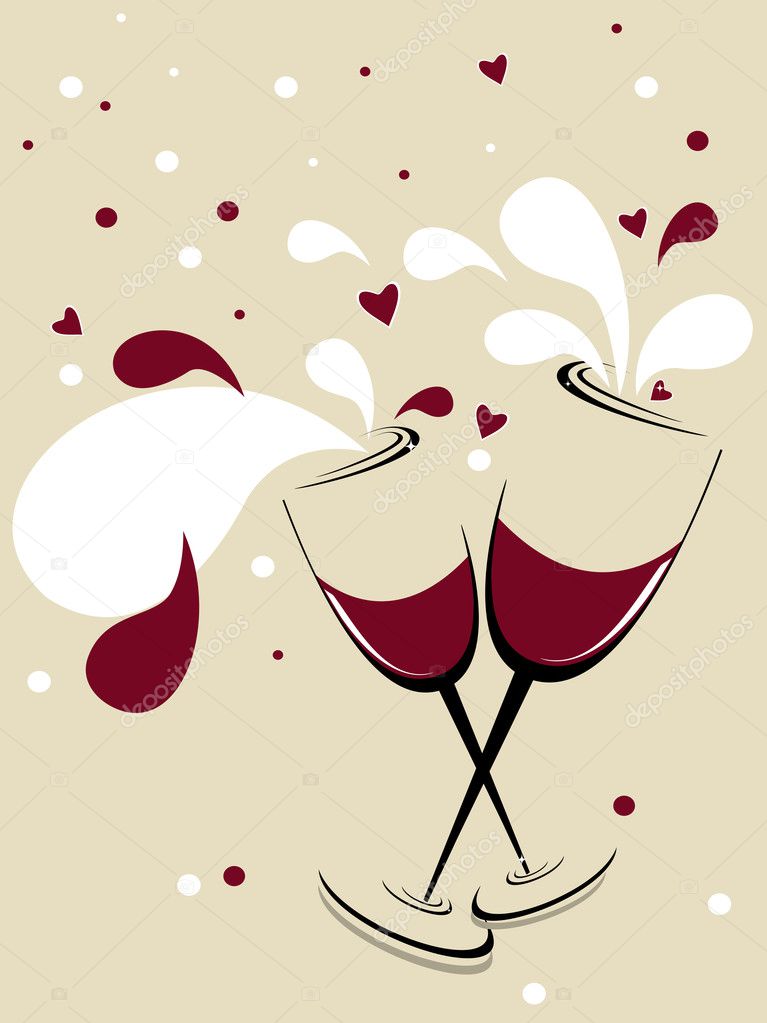 glass with red wine, romantic hearts