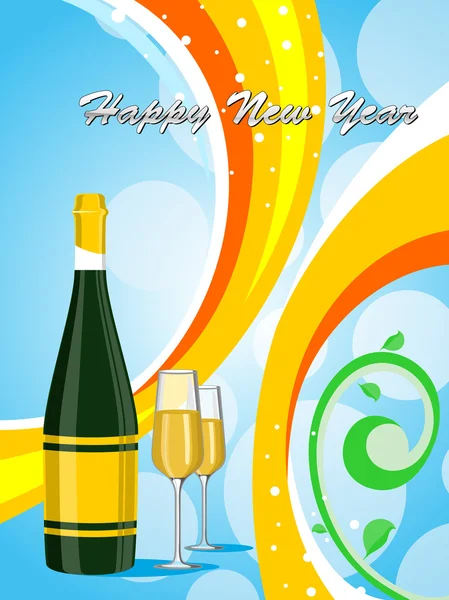 Kleurrijke achtergrond met champange fles, glas — Stockvector