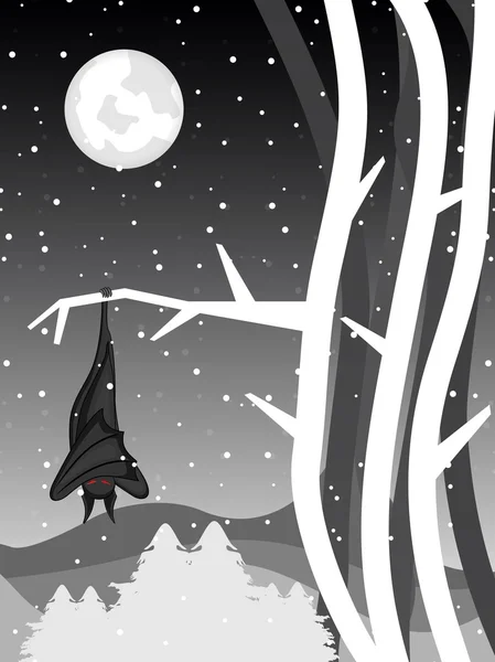 Noite scray com morcego pendurado na árvore na luz da lua — Vetor de Stock