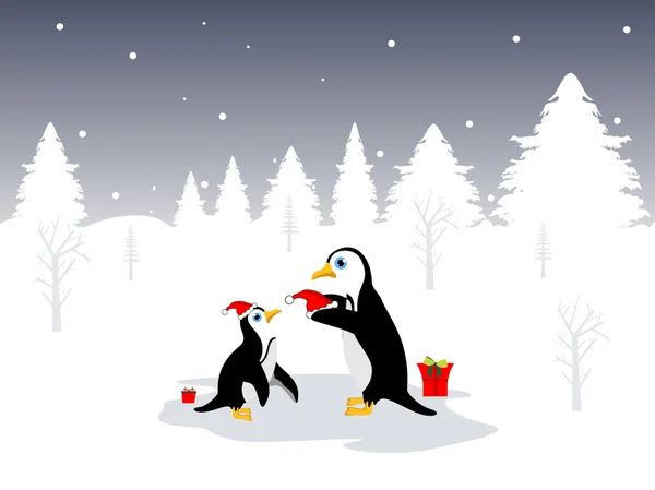 Περίληψη δύο πιγκουίνος με χειμώνα φόντο κάρτα για τα Χριστούγεννα μια — Διανυσματικό Αρχείο