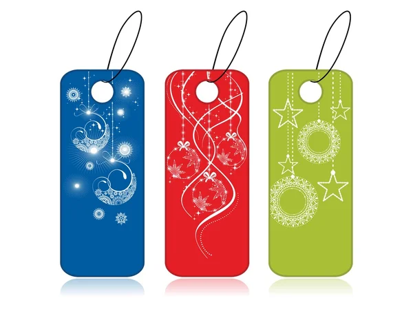 Aantal decoratieve tags beurs in blauwe, rode & groene kleur voor — Stockvector