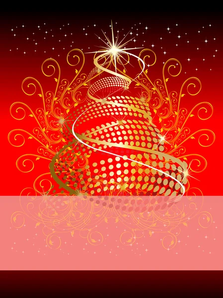Μια όμορφη Χριστουγεννιάτικη κάρτα με λαμπερά χριστουγεννιάτικο δέντρο στην κόκκινη πλάτη — Διανυσματικό Αρχείο