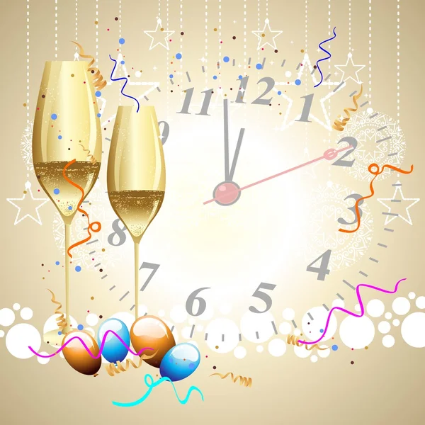 Copos de champanhe, balões, com no fundo em um relógio w —  Vetores de Stock