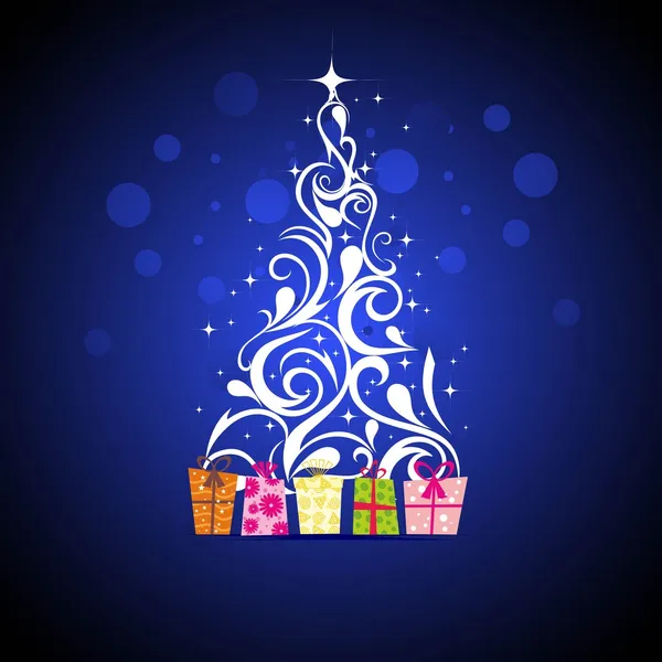 Cajas de regalo coloridas bajo el árbol de Navidad con fondo brillante — Archivo Imágenes Vectoriales
