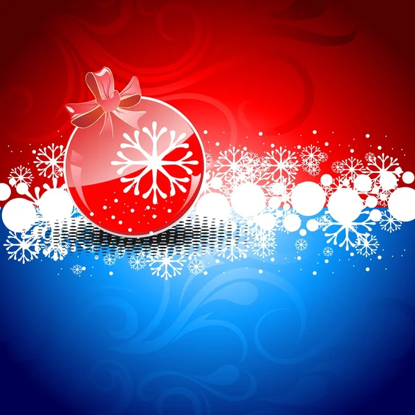 Rode kerstballen op rode & blauwe achtergrond. — Stockvector