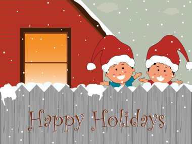 Cute kid & house theme vector for happy holidays clipart