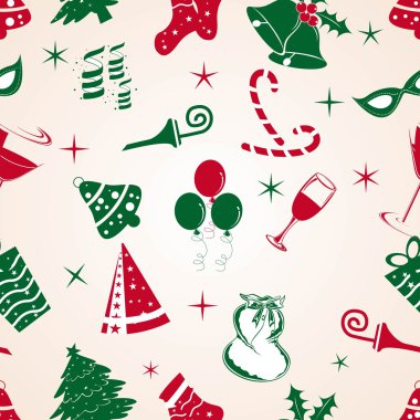 Seamless patterns with jingle bells, candy canes, tree, caps, wi clipart