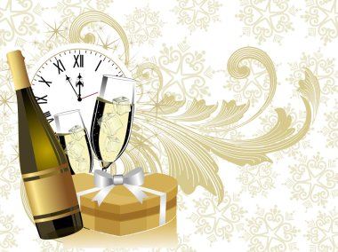 New year theme or background with clock, gifts and ,vector illus clipart