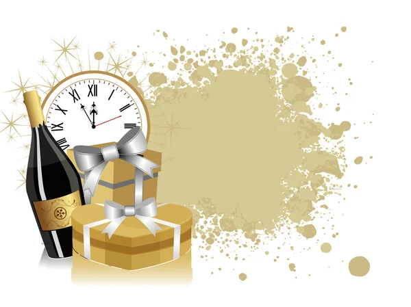 Nya året tema eller bakgrund med klocka, gåvor firande och c — Stock vektor