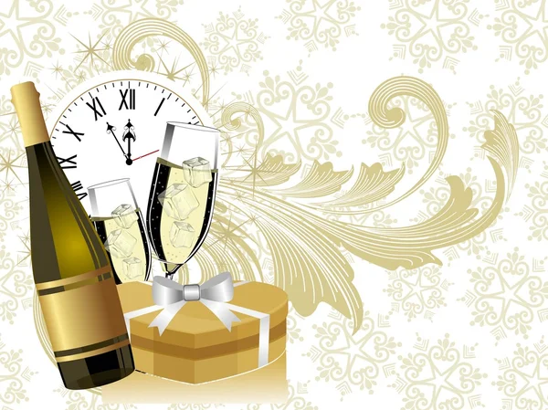 Nya året tema eller bakgrund med klocka, gåvor och, vektor illustrationer — Stock vektor