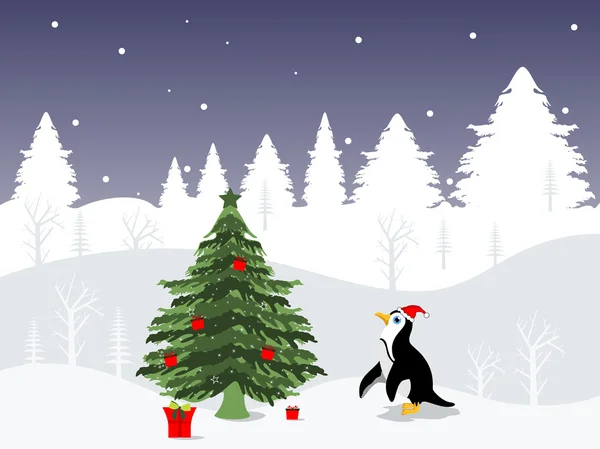 Pingvin iklädd Santa mössa gratulationskort för jul & andra tillfälle — Stock vektor