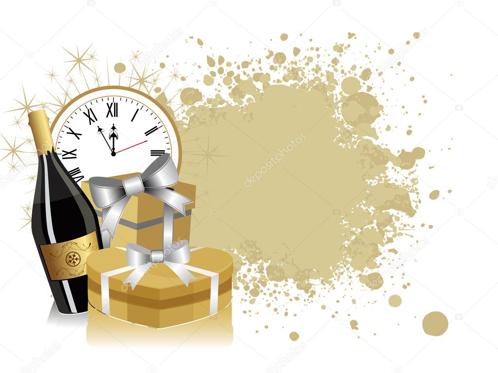 New year theme or background with clock, gifts celebration and c