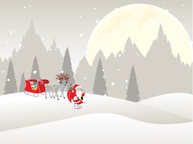 Santa claus standing with sleigh in a distance on full moon background,vect clipart