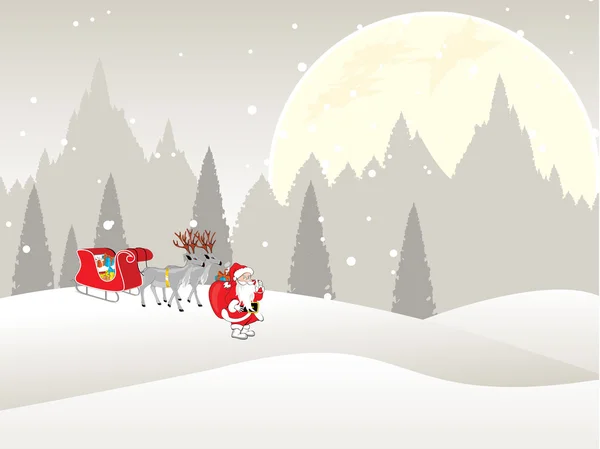 Santa Claus de pie con trineo en una distancia sobre fondo de luna llena, vect — Vector de stock