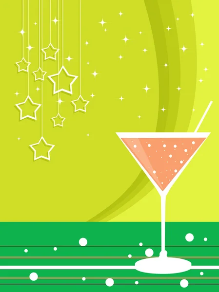 Cocktail glass with hanging stars on yellow & green color backgr — Stock Vector