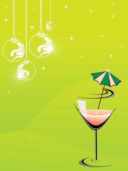 Cocktailglas med hängande julgranskulor på gul färg tillbaka — Stock vektor