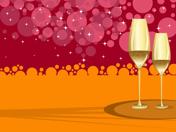 Dos copas de vino sobre fondo círculo de color rojo y amarillo para fiesta — Vector de stock