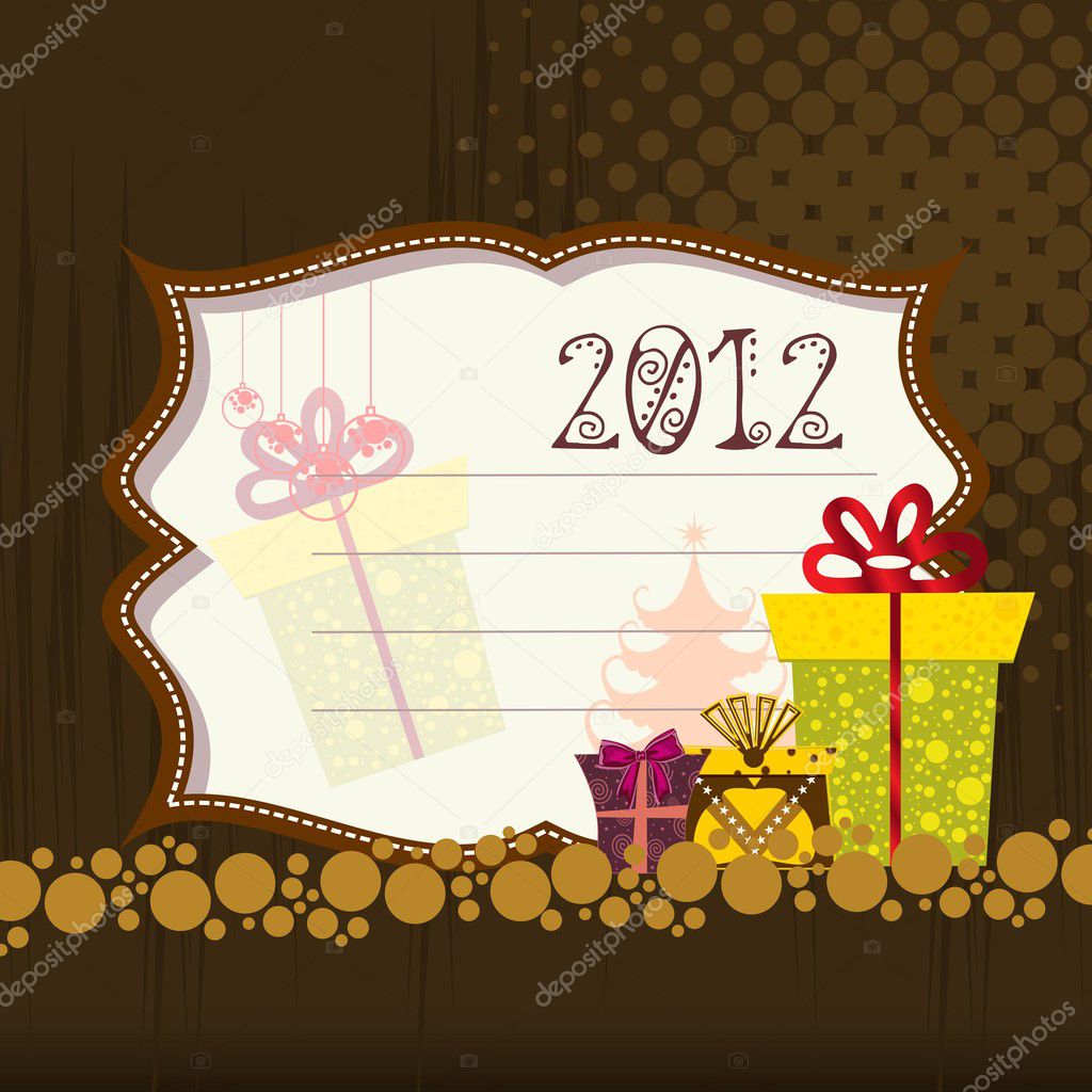 2012 Happy New Year greeting card with gift boxes in halftone ba