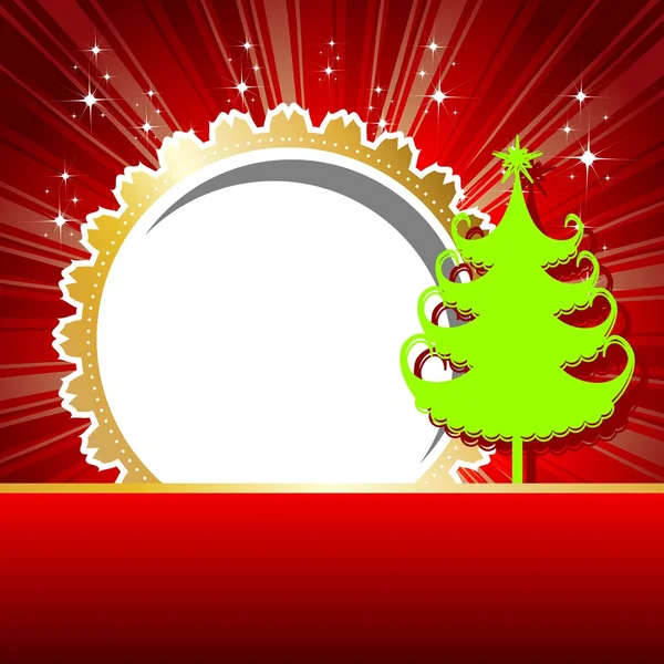 Beutiful card with green Xmas tree & golden color frame in red — Stock Vector