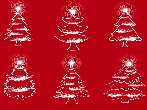 Набор современных рождественских деревьев на красном фоне на Рождество и другие — стоковый вектор