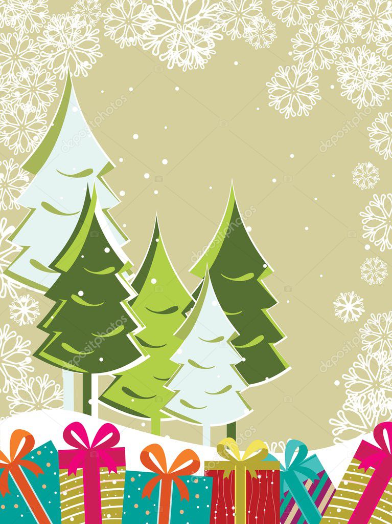Xmas trees with Gift boxes on floral decorative background for C