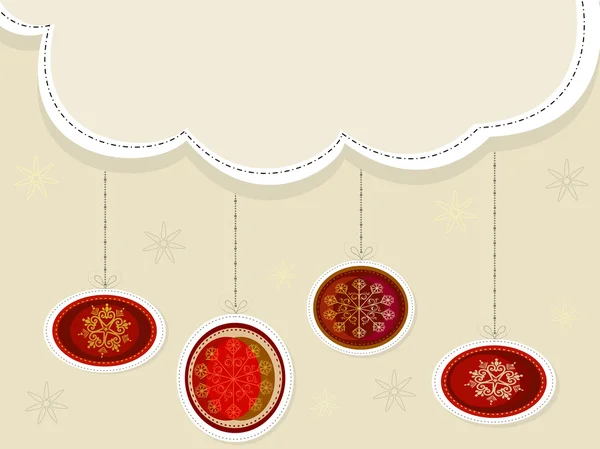 Scena di Natale con palle ornamentali appese e fiocchi di neve. Specie — Vettoriale Stock