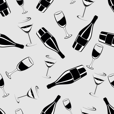 Seamless black and white pattern with champagne bottle and glas clipart