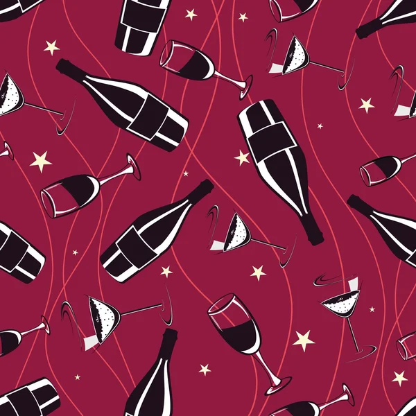 无缝红模式与香槟酒瓶 & 部分葡萄酒杯 — 图库矢量图片