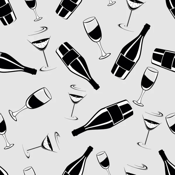 Seamless black and white pattern with champagne bottle and glas — Stock Vector