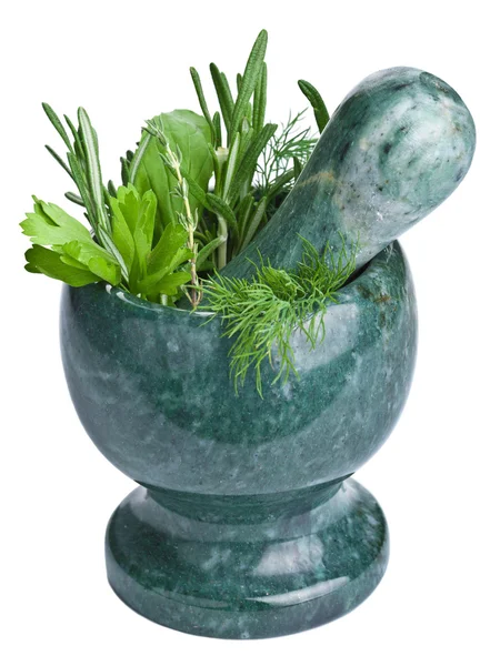 Mortar with fresh herbs isolated — Stock Photo, Image