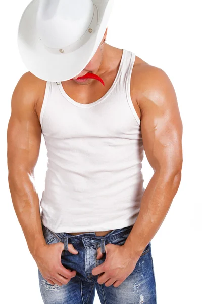 Lachende sexy jongen in hoed — Stockfoto