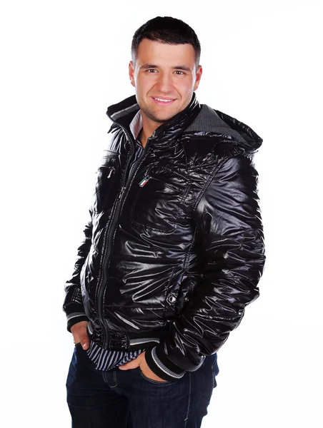 Imagem de jaqueta masculina alegre vestindo — Fotografia de Stock