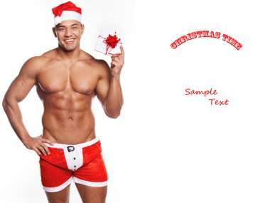 A man with Christmas gifts in a Santa uniform clipart