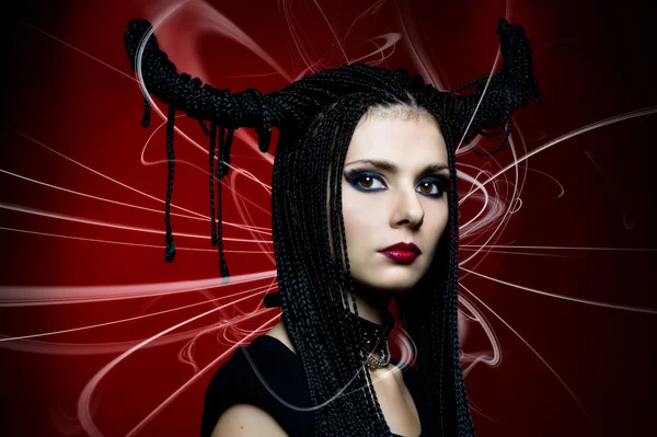 Vrouw in fansy duivel vorm. Halloween en Kerstmis thema — Stockfoto