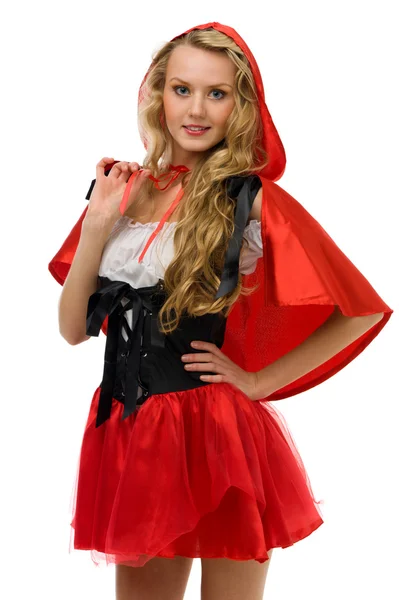 Piękna kobieta w karnawał kostium. małe czerwone konna kaptur kształt — Zdjęcie stockowe