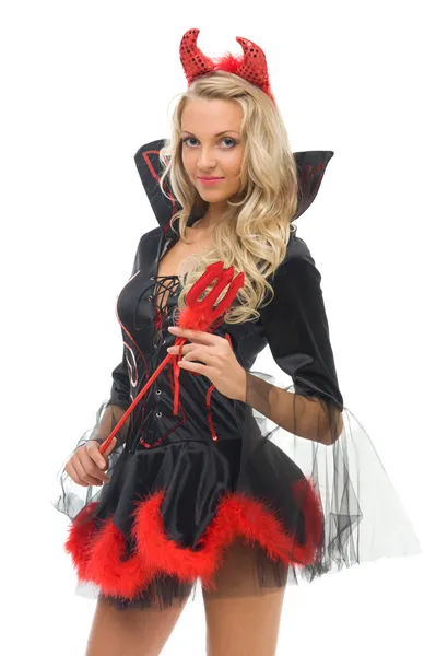 Donna in costume da carnevale. Forma del diavolo — Foto Stock